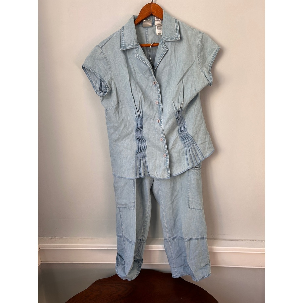 Emma James Petite Light Wash Denim 2 Piece Set Pintuck Peplum Top Cargo Pants 6P